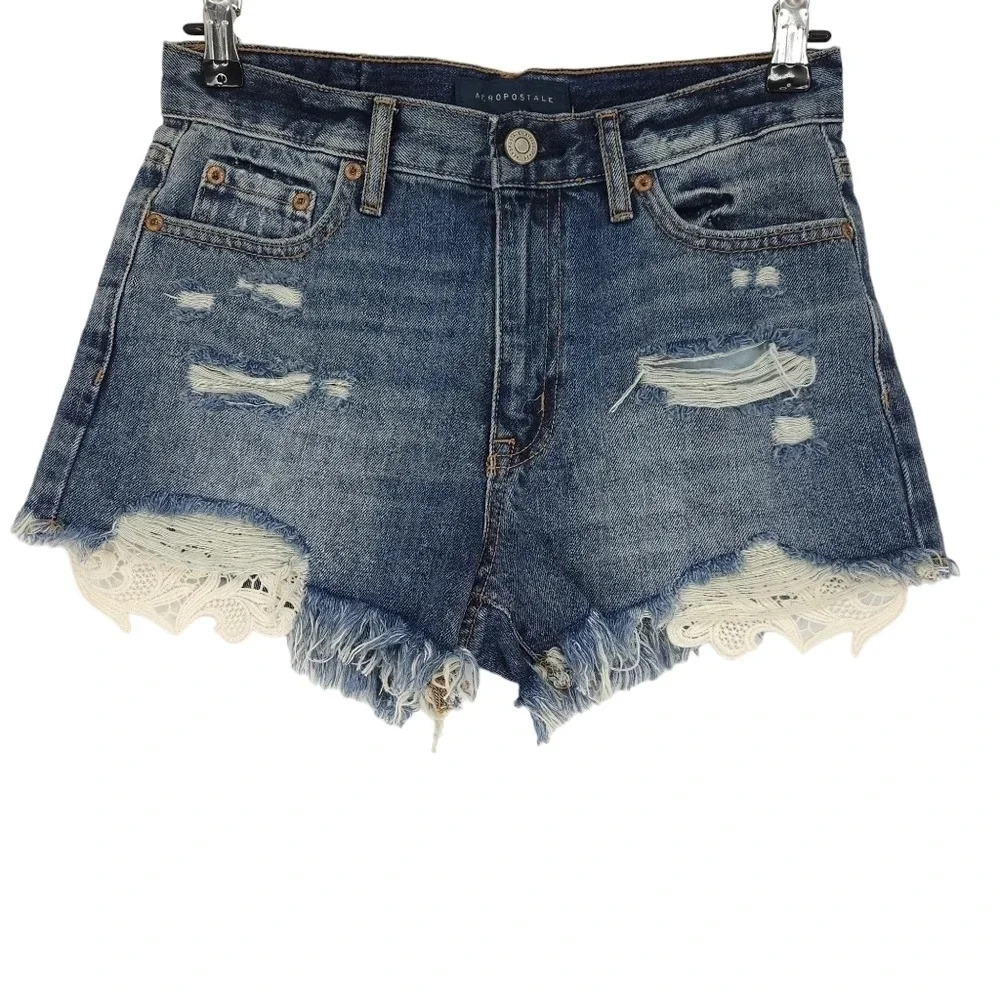 Hand Embroidered Aeropostale Cheeky Denim Shorts Distressed Lace Boho Floral
